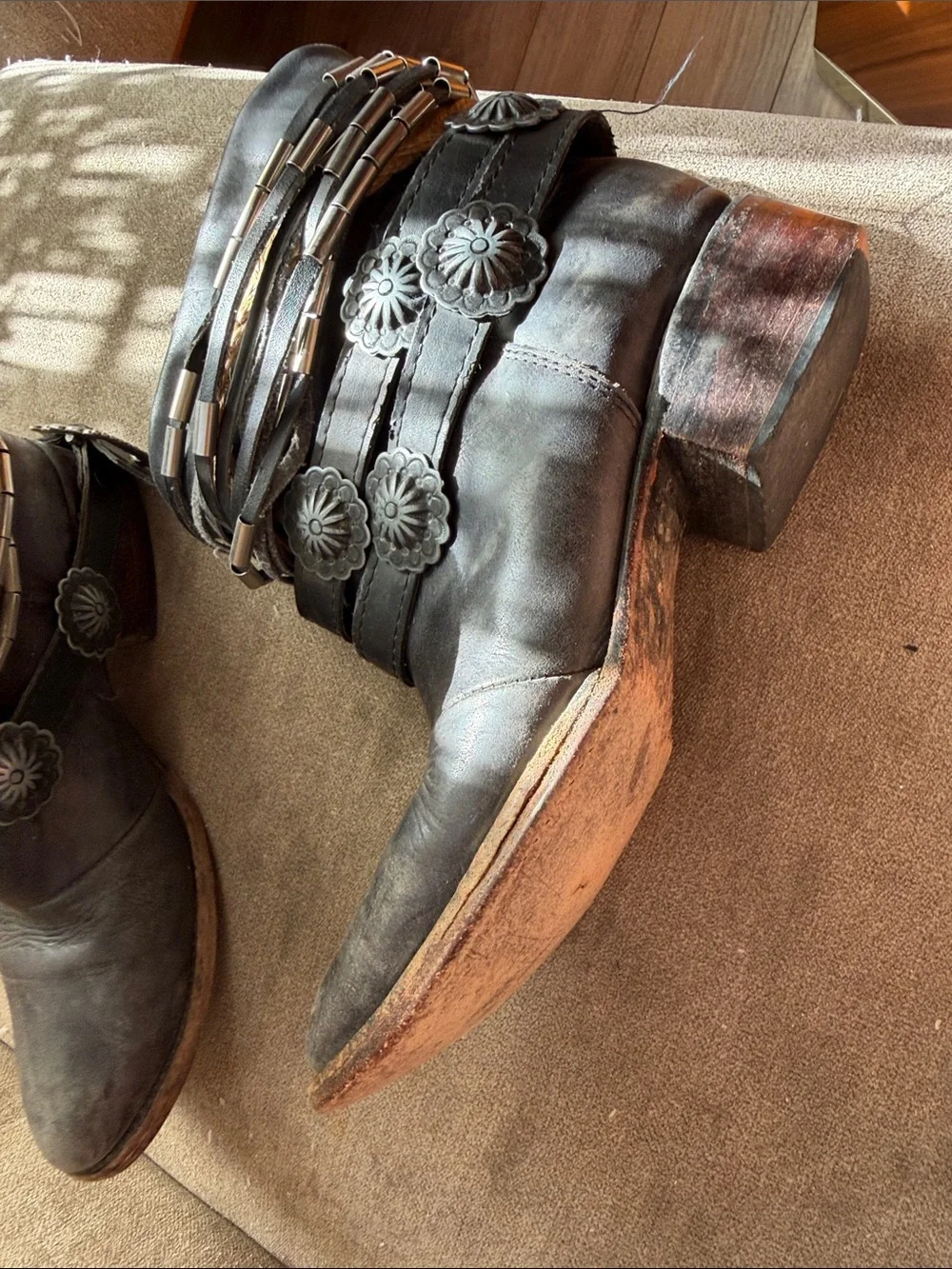 Yerba Embellished Ankle Boot with concho belt & Rope Accents distressed western